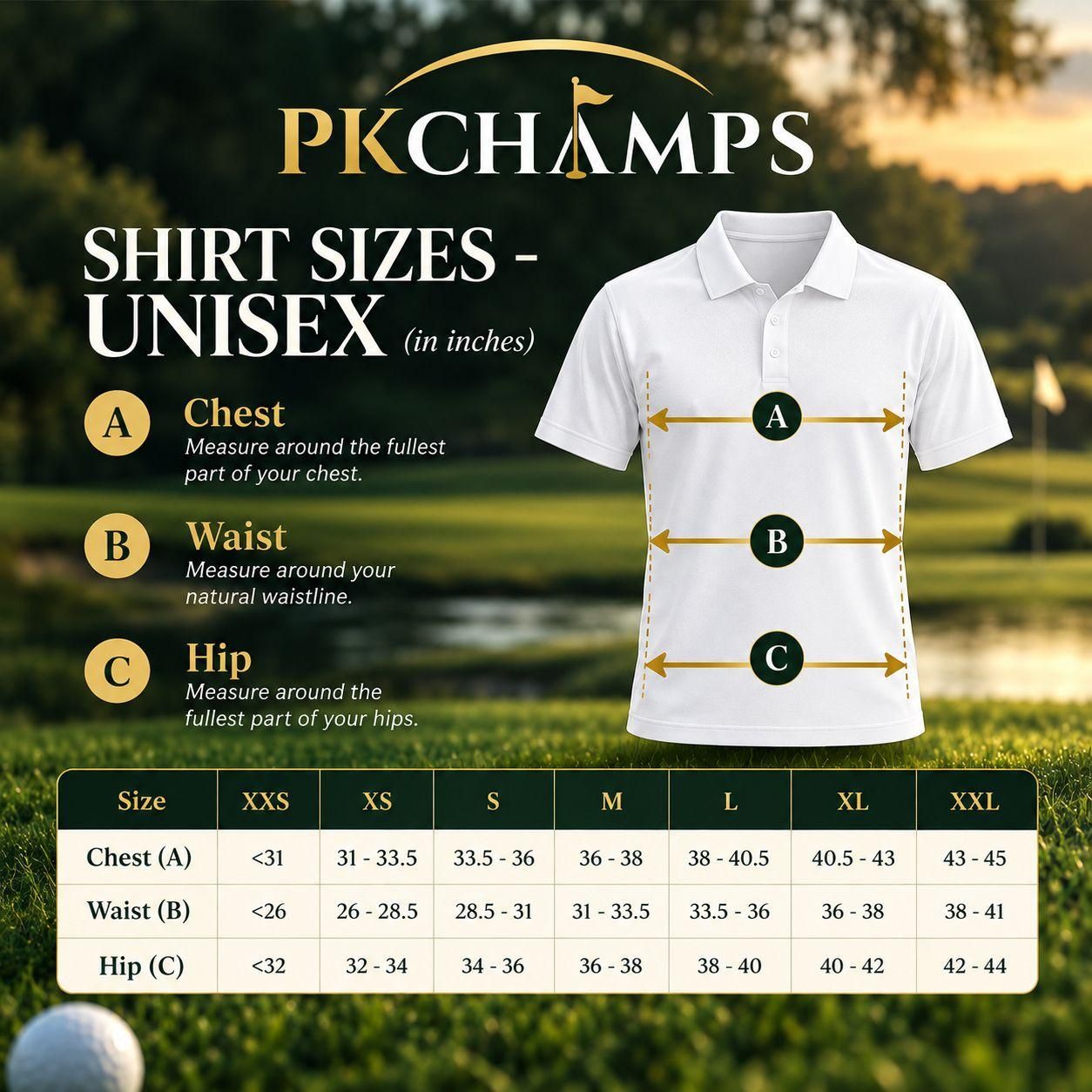 PKChamps unisex shirt size chart in inches: chest, waist and hip measurements for sizes XXS to XXL